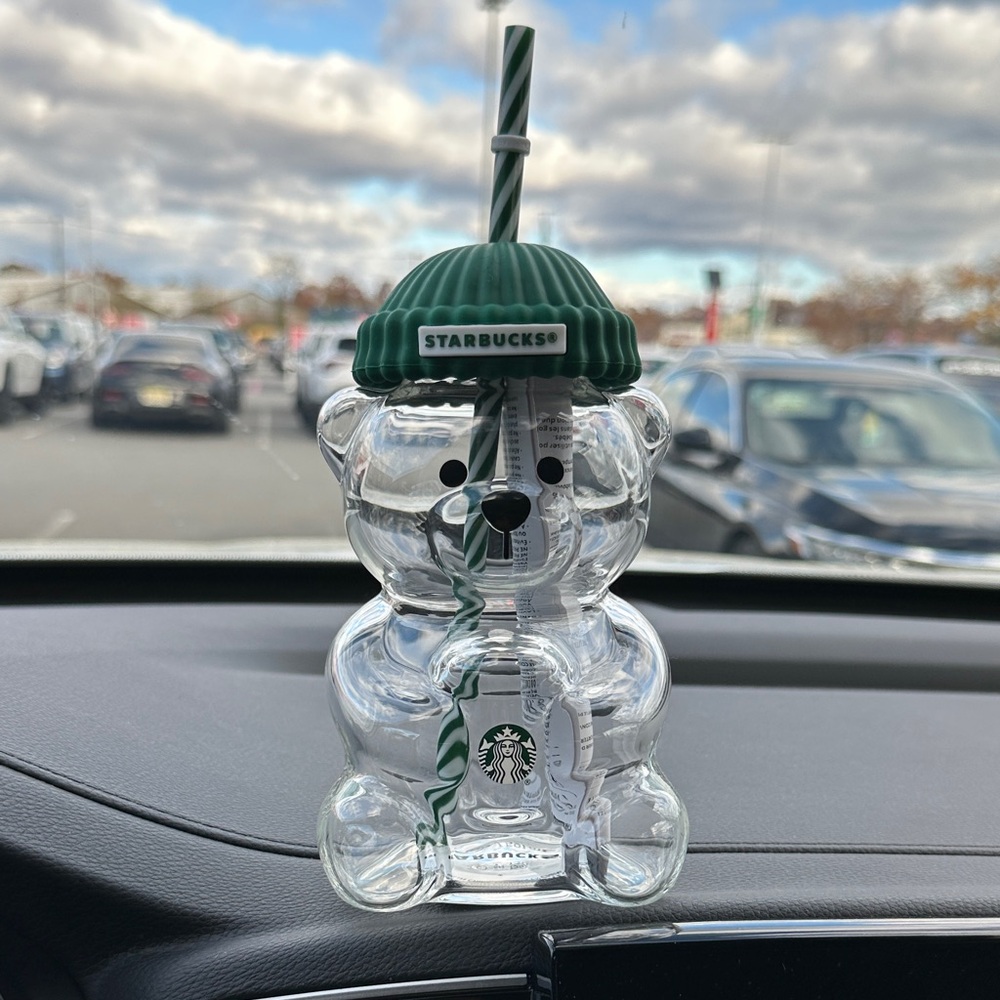 Starbucks Clear Bear Tumbler with Green Lid and Straw
